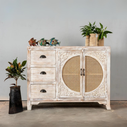 Rattan Cane Work Hand Carving Sideboard